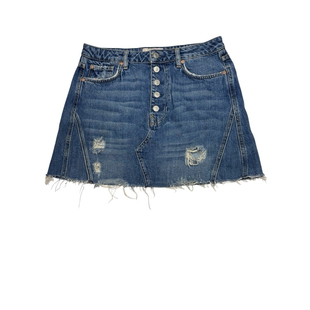 We The Free People Denim Mini Skirt Women's Sz 30 Distressed Raw Hem Button Fly